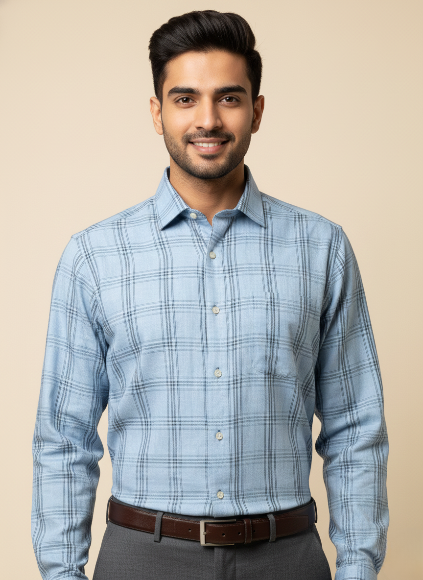 Rare Rabbit Men’s Light Blue Grey Checked Slim Fit Full Sleeve Shirt