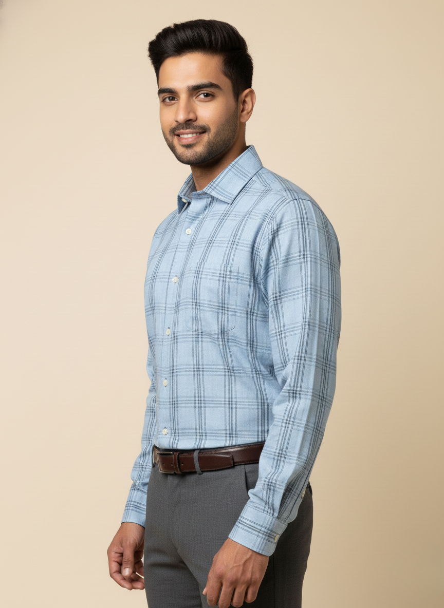 Rare Rabbit Men’s Light Blue Grey Checked Slim Fit Full Sleeve Shirt