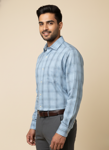 Rare Rabbit Men’s Light Blue Grey Checked Slim Fit Full Sleeve Shirt