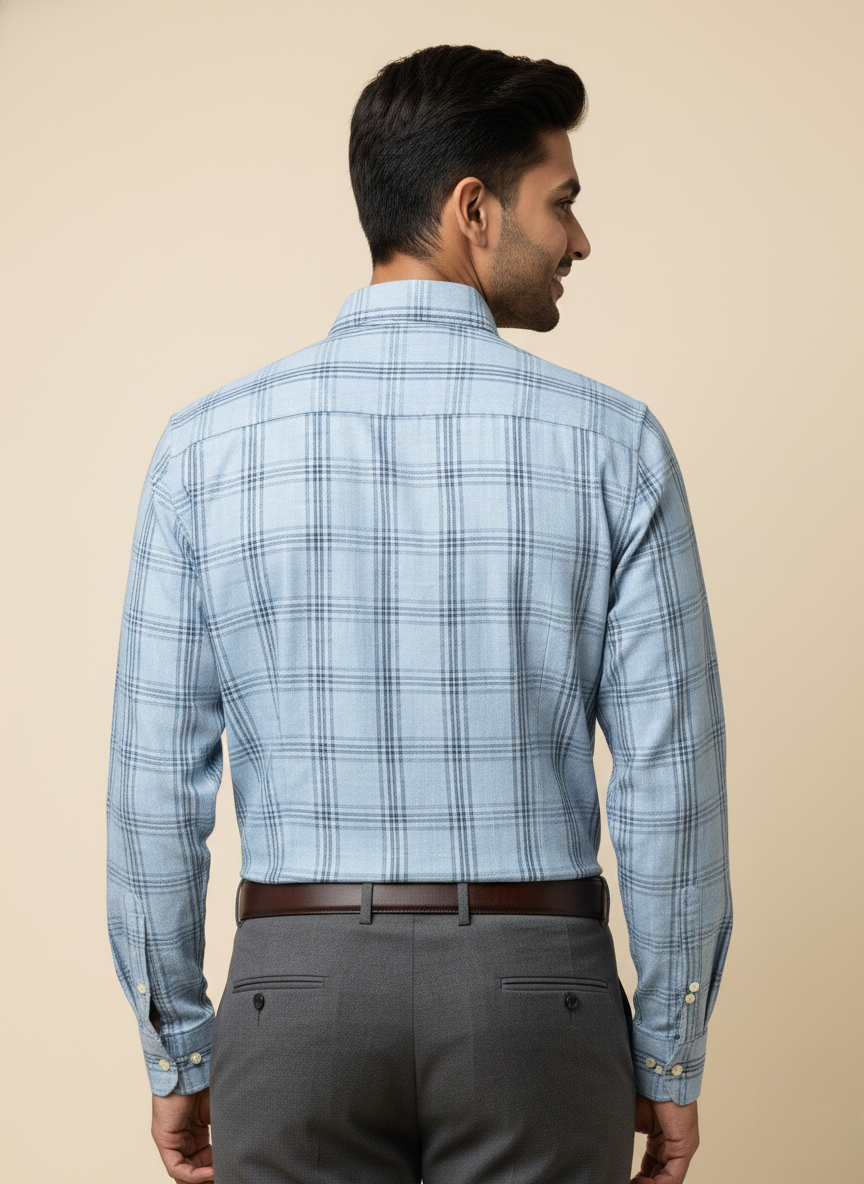 Rare Rabbit Men’s Light Blue Grey Checked Slim Fit Full Sleeve Shirt