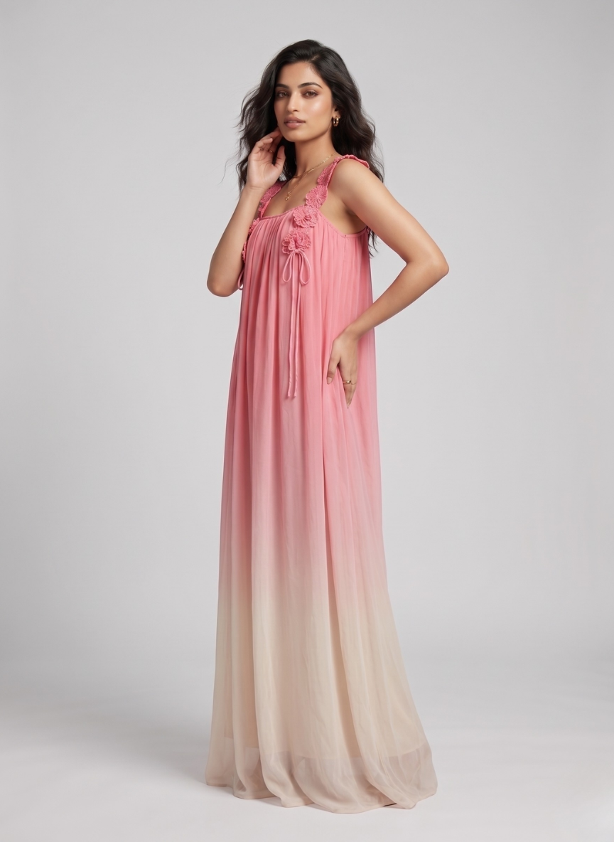 JC Mode Women's Pink Ombre Sleeveless Maxi Dress with Floral Lace Straps