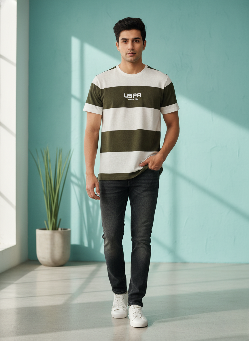 U.S.Polo Assn. Men's Stripe T-Shirt (Olive Green And White)