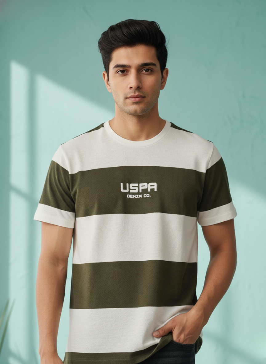 U.S.Polo Assn. Men's Stripe T-Shirt (Olive Green And White)
