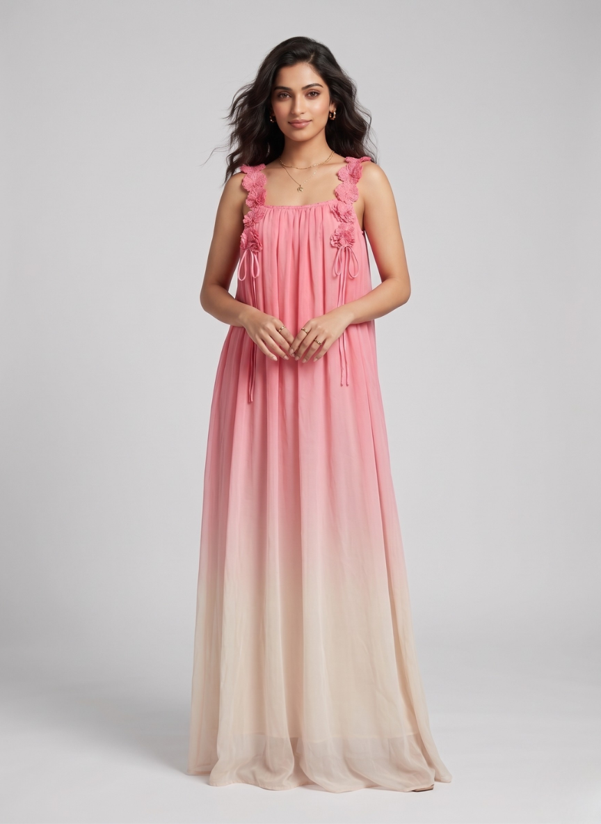 JC Mode Women's Pink Ombre Sleeveless Maxi Dress with Floral Lace Straps