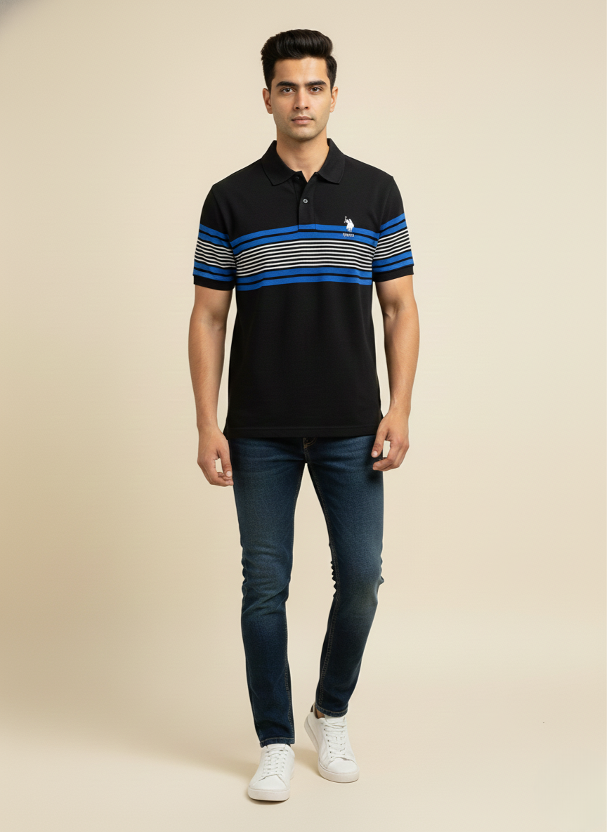 U.S. Polo Assn. Men’s Black Polo T-Shirt with Blue & White Stripes | Cotton Regular Fit