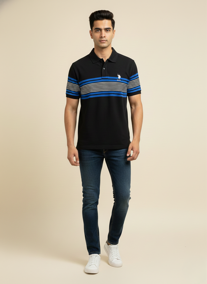 U.S. Polo Assn. Men’s Black Polo T-Shirt with Blue & White Stripes | Cotton Regular Fit