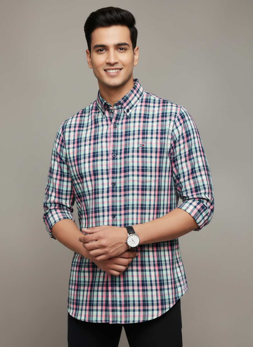 Tommy Jeans Men’s Slim Fit Button-Down Check Shirt – Pink/Navy Plaid