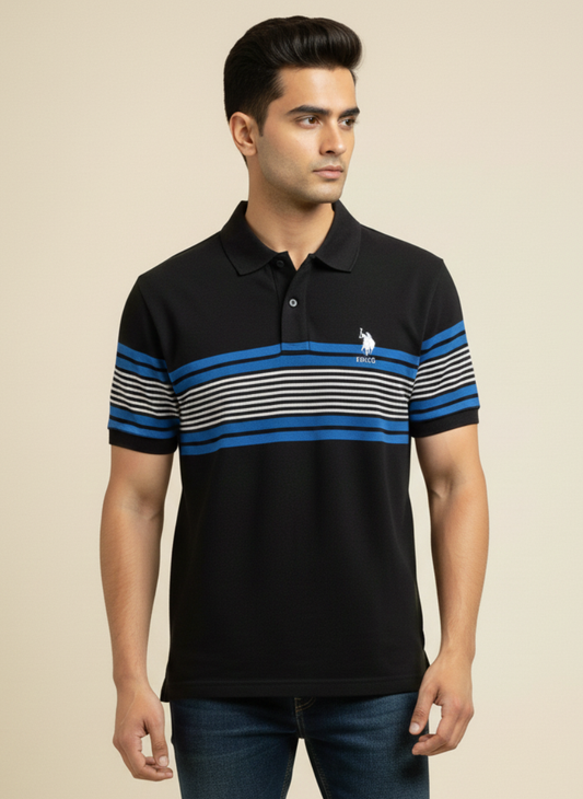 U.S. Polo Assn. Men’s Black Polo T-Shirt with Blue & White Stripes | Cotton Regular Fit