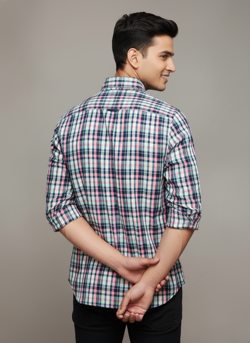 Tommy Jeans Men’s Slim Fit Button-Down Check Shirt – Pink/Navy Plaid