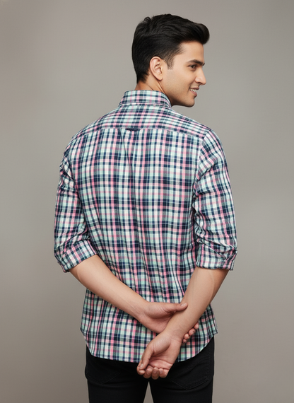 Tommy Jeans Men’s Slim Fit Button-Down Check Shirt – Pink/Navy Plaid