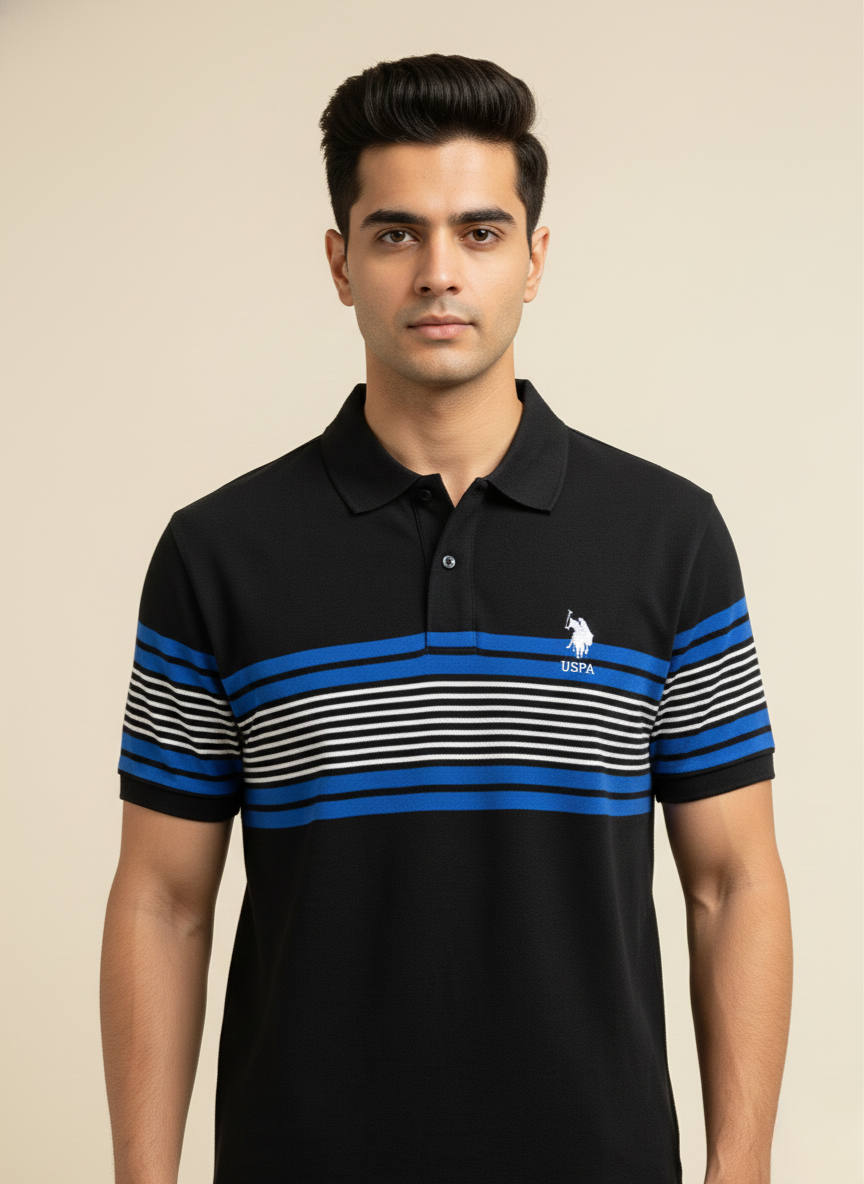 U.S. Polo Assn. Men’s Black Polo T-Shirt with Blue & White Stripes | Cotton Regular Fit