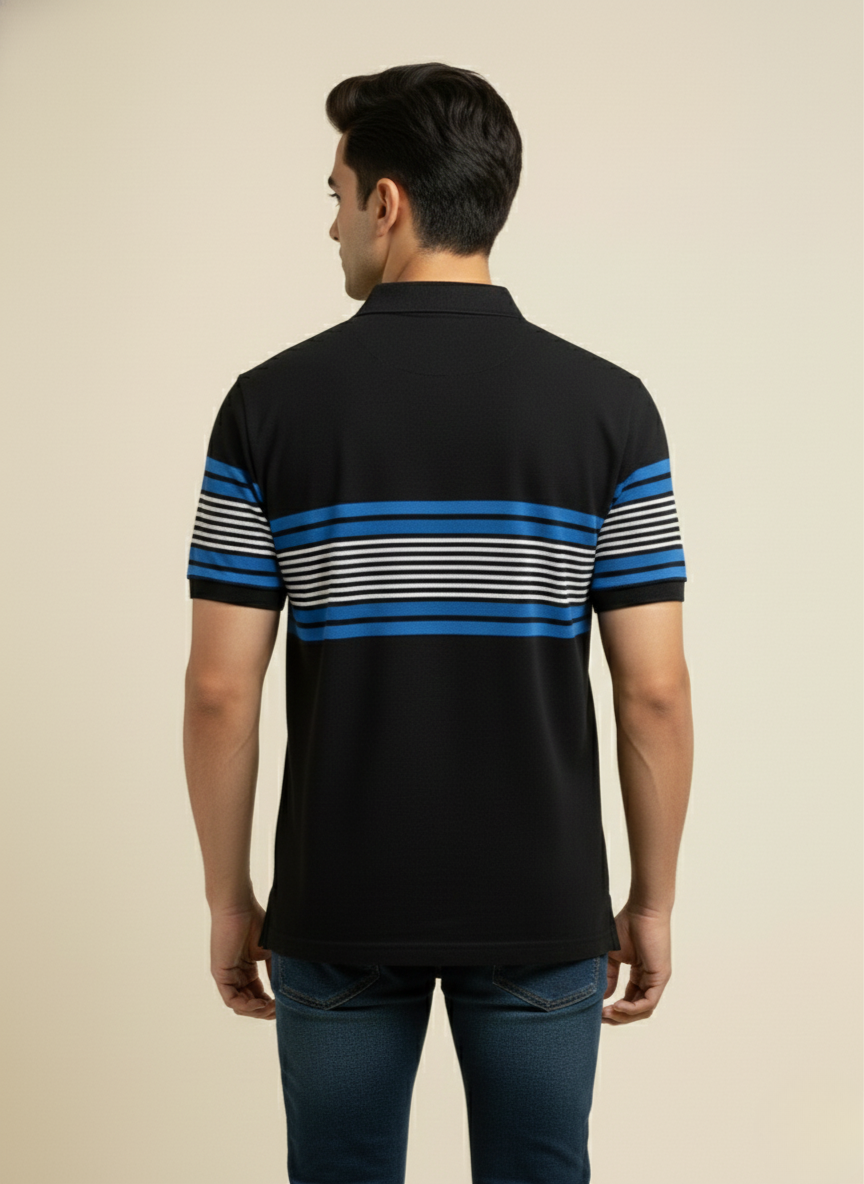 U.S. Polo Assn. Men’s Black Polo T-Shirt with Blue & White Stripes | Cotton Regular Fit
