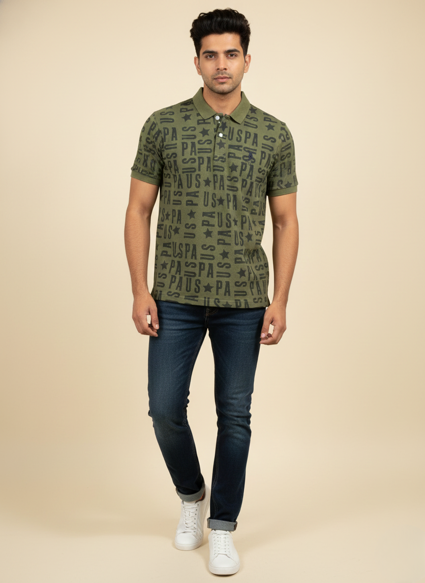 U.S. Polo Assn. Men’s Olive Green All-Over Logo Print Polo T-Shirt | Cotton Casual Fit