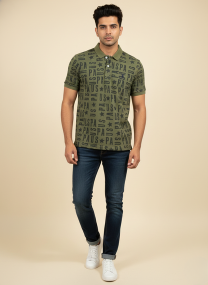 U.S. Polo Assn. Men’s Olive Green All-Over Logo Print Polo T-Shirt | Cotton Casual Fit