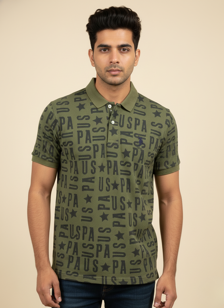 U.S. Polo Assn. Men’s Olive Green All-Over Logo Print Polo T-Shirt | Cotton Casual Fit