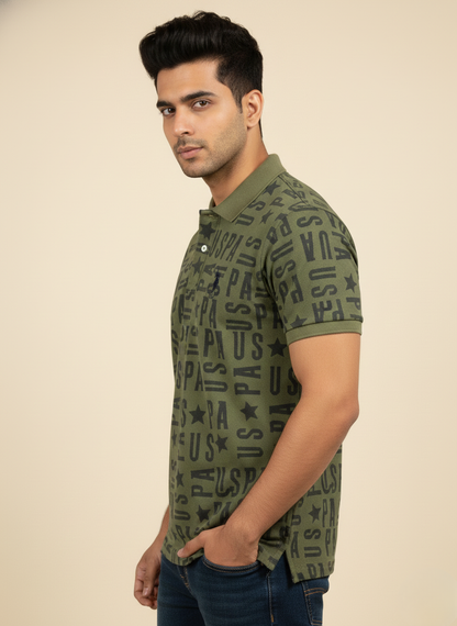 U.S. Polo Assn. Men’s Olive Green All-Over Logo Print Polo T-Shirt | Cotton Casual Fit
