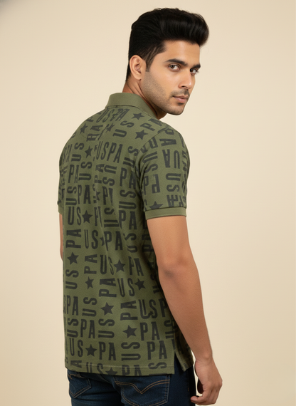 U.S. Polo Assn. Men’s Olive Green All-Over Logo Print Polo T-Shirt | Cotton Casual Fit