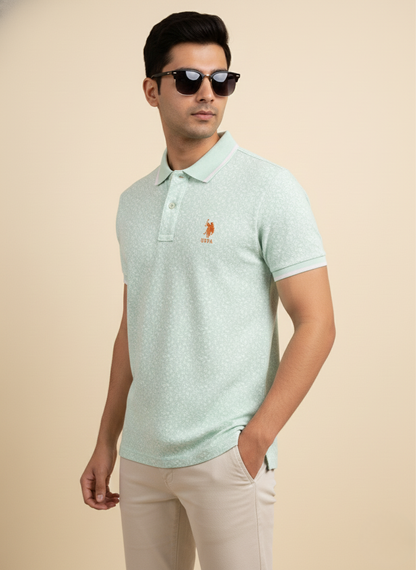 U.S. Polo Assn. Men’s Mint Green All-Over Print Polo T-Shirt | Premium Cotton Casual Fit