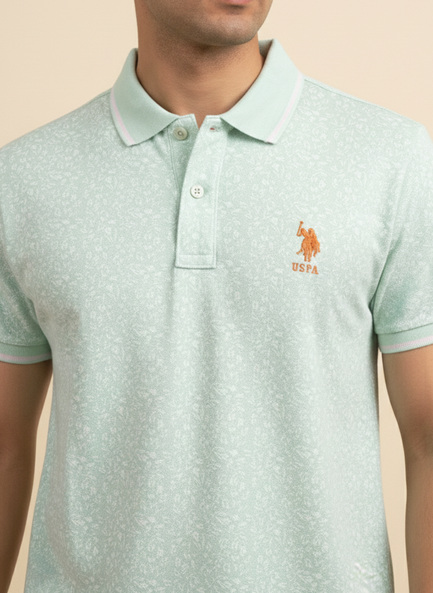 U.S. Polo Assn. Men’s Mint Green All-Over Print Polo T-Shirt | Premium Cotton Casual Fit