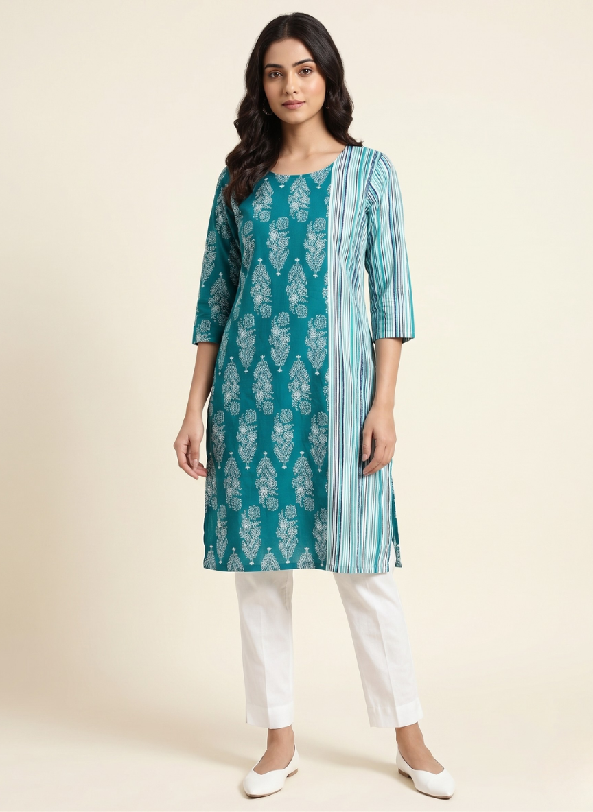 Women's Blue Floral Print & Striped Straight Cotton Kurti
