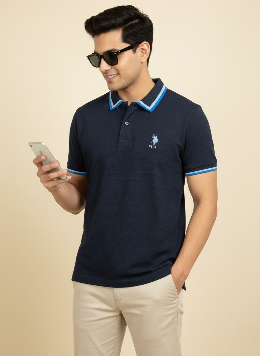 U.S. Polo Assn. Men’s Navy Blue Tipped Collar Polo T-Shirt | Classic Cotton Fit