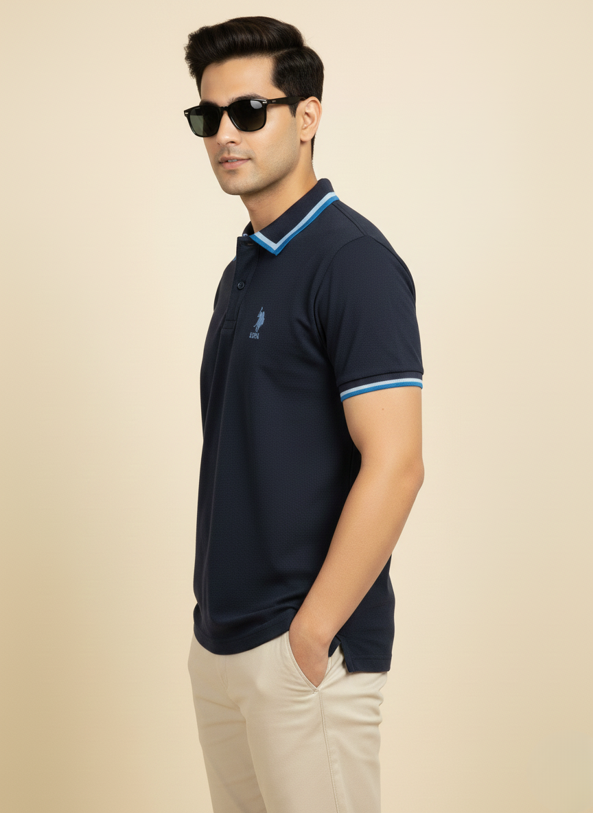 U.S. Polo Assn. Men’s Navy Blue Tipped Collar Polo T-Shirt | Classic Cotton Fit
