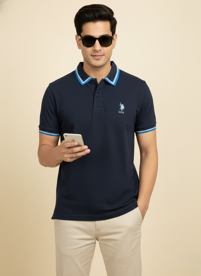 U.S. Polo Assn. Men’s Navy Blue Tipped Collar Polo T-Shirt | Classic Cotton Fit