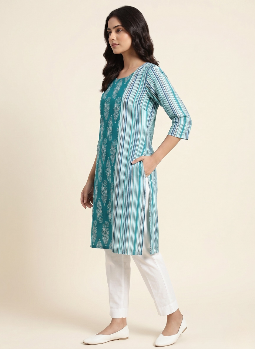 Women's Blue Floral Print & Striped Straight Cotton Kurti