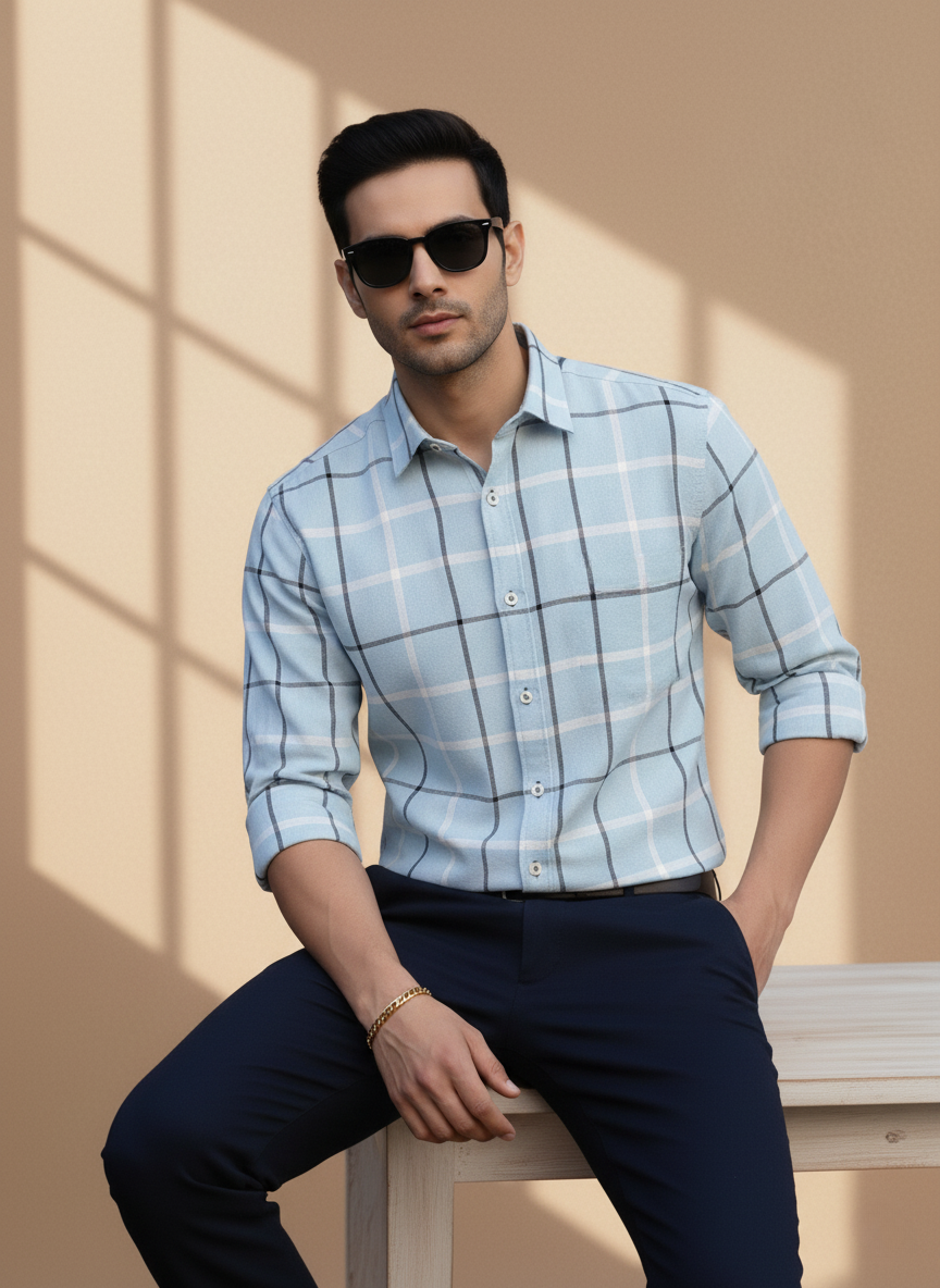 Rare Rabbit Men's Checked Shirt (Light Blue)