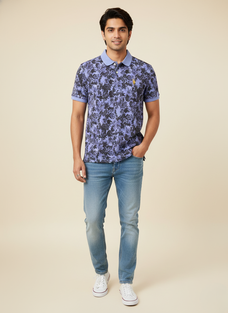 US Polo Assn Men’s Blue Floral Printed Polo T-Shirt