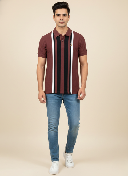 US Polo Assn Men’s Burgundy Striped Polo T-Shirt with Logo Patch