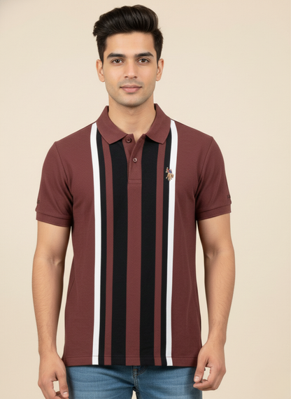 US Polo Assn Men’s Burgundy Striped Polo T-Shirt with Logo Patch