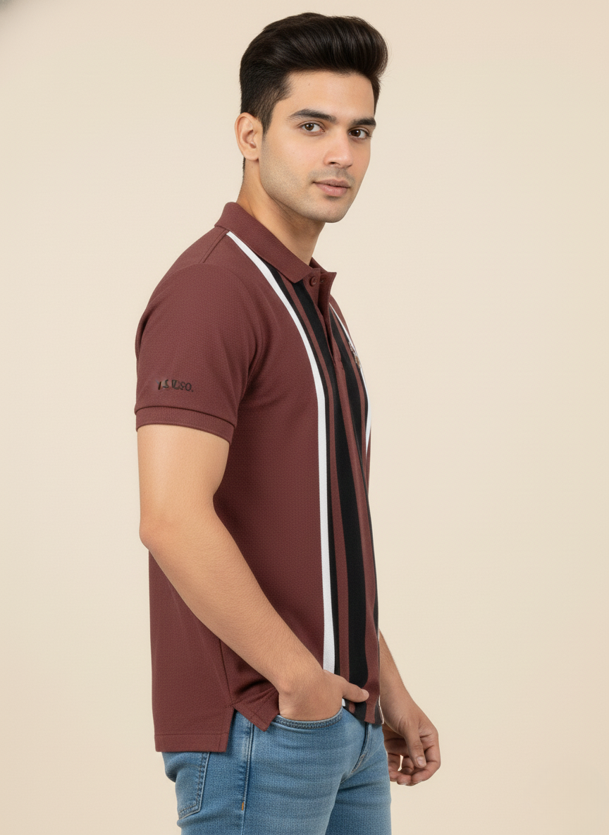 US Polo Assn Men’s Burgundy Striped Polo T-Shirt with Logo Patch