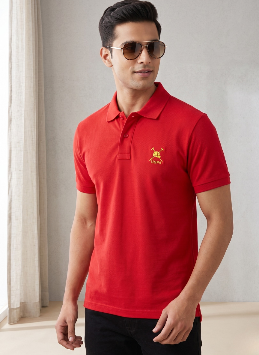 U.S. Polo Assn. Men's Classic Red Pique Polo with Yellow Crest Embroidery