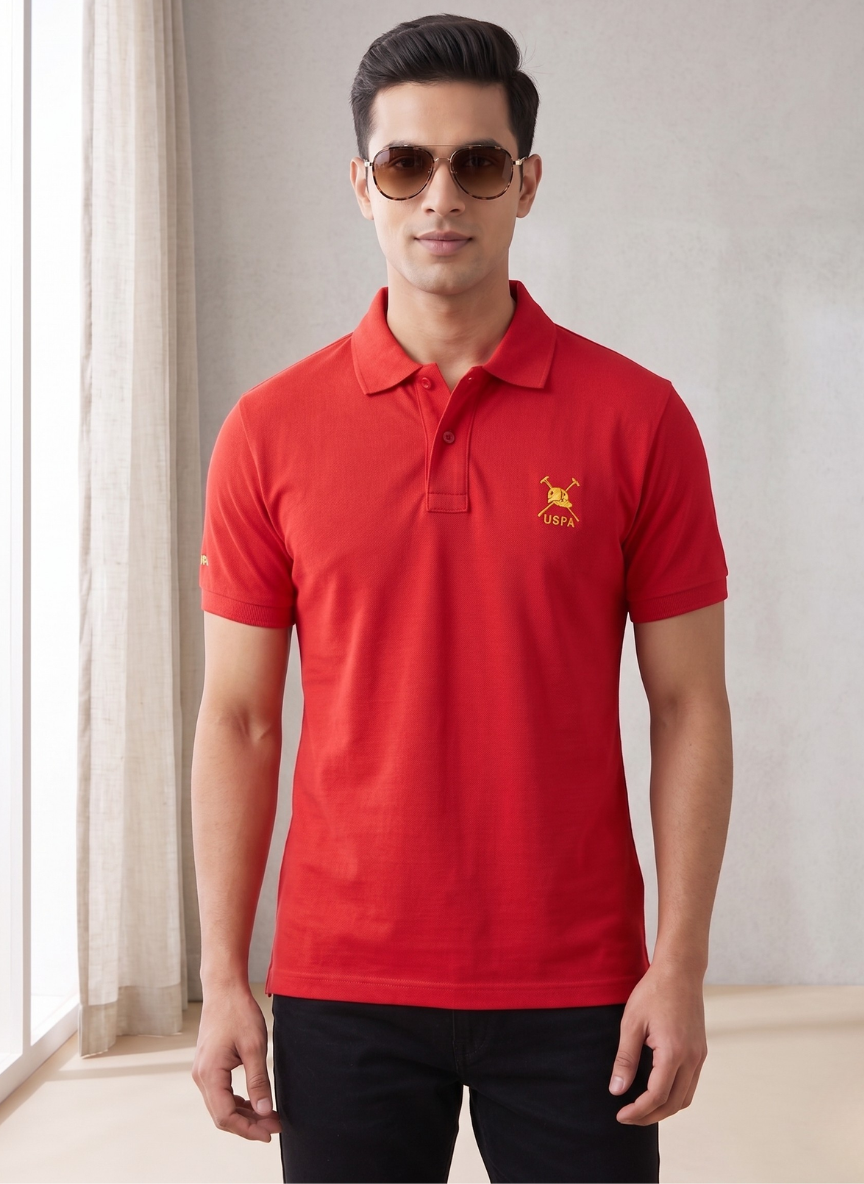 U.S. Polo Assn. Men's Classic Red Pique Polo with Yellow Crest Embroidery