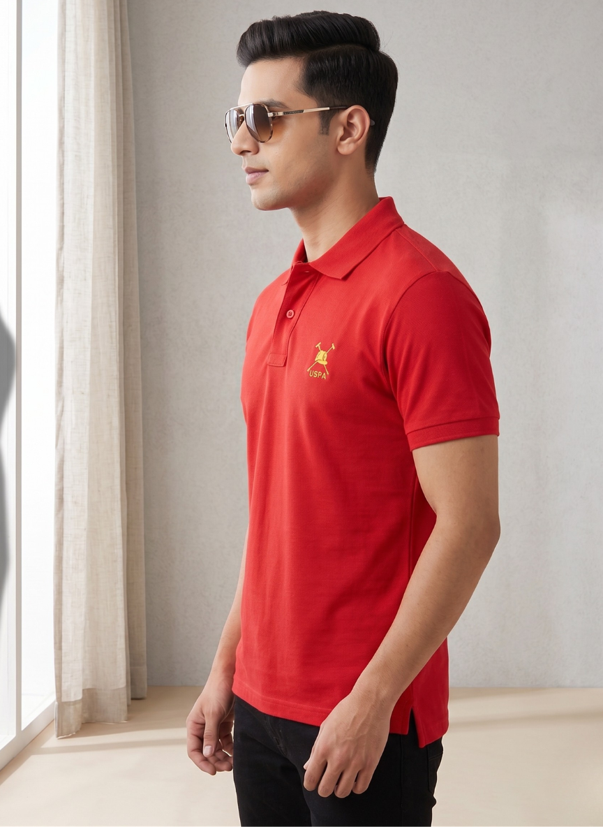 U.S. Polo Assn. Men's Classic Red Pique Polo with Yellow Crest Embroidery