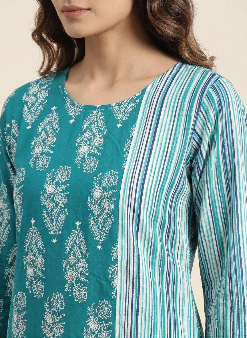 Women's Blue Floral Print & Striped Straight Cotton Kurti