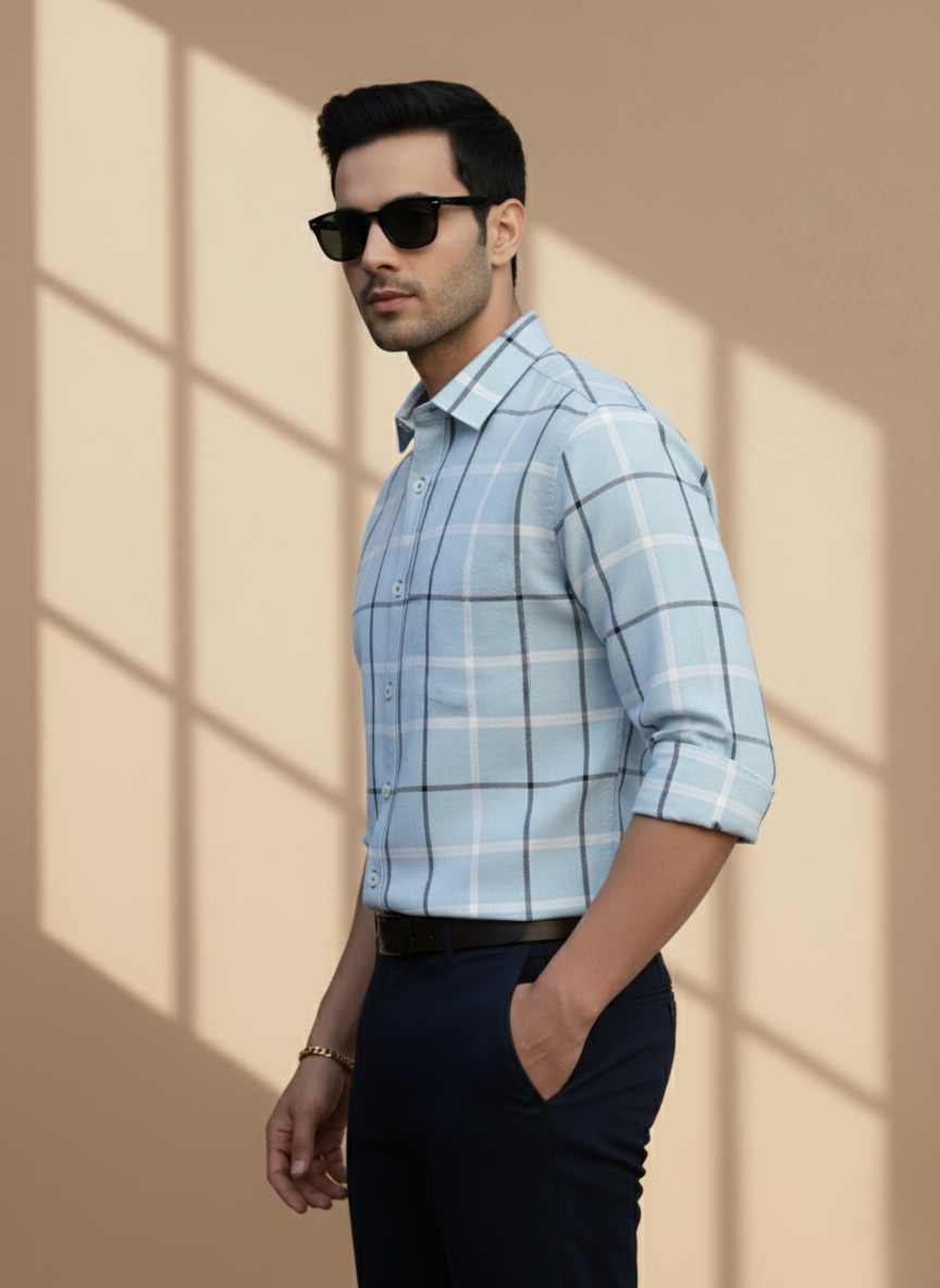 Rare Rabbit Men's Checked Shirt (Light Blue)