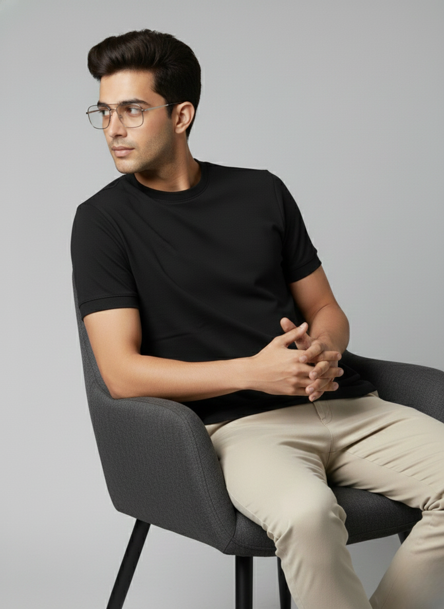 ZARA Men’s Solid Black Crew Neck T-Shirt