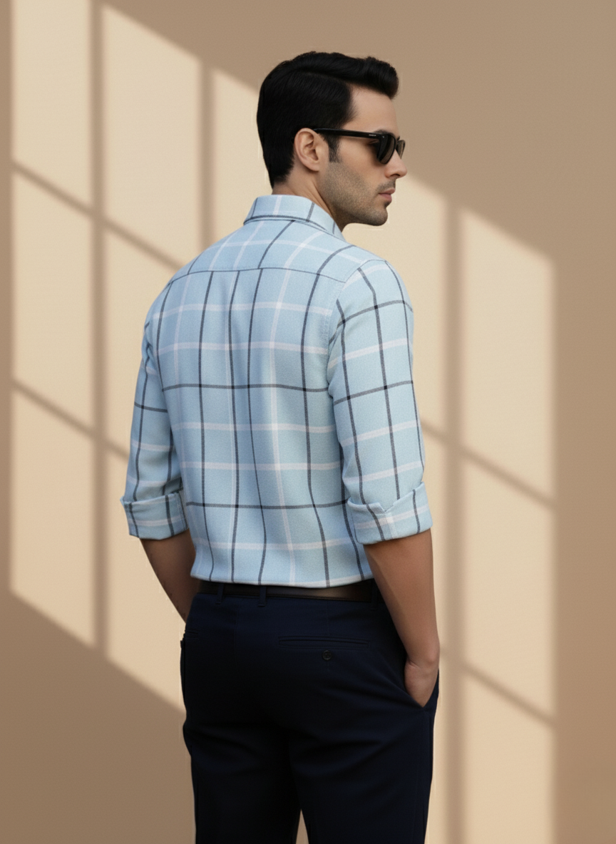 Rare Rabbit Men's Checked Shirt (Light Blue)