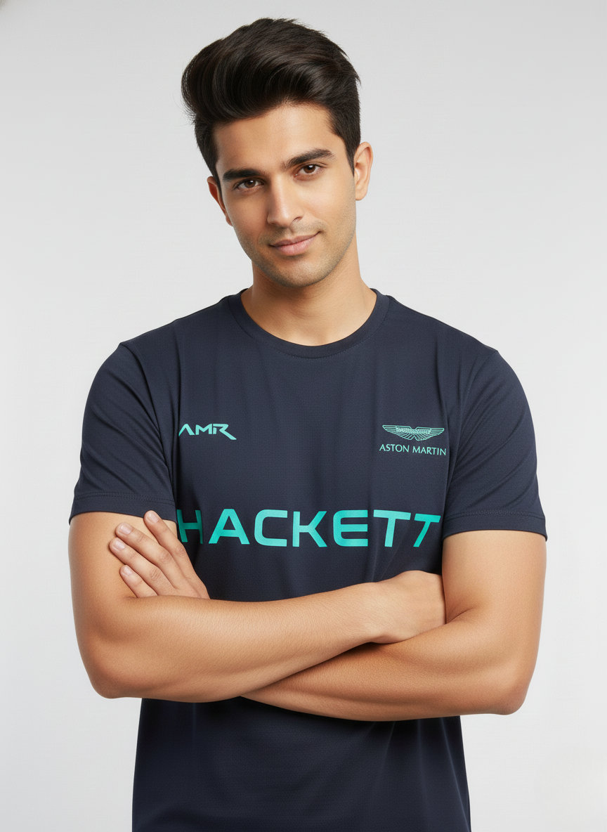 Hackett x Aston Martin Racing Men’s Navy Logo Print Premium Cotton T-Shirt