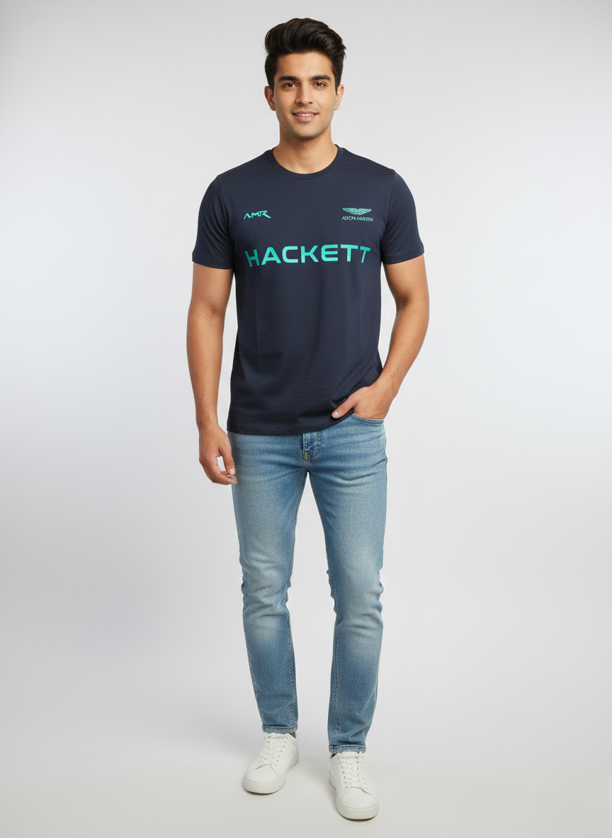Hackett x Aston Martin Racing Men’s Navy Logo Print Premium Cotton T-Shirt
