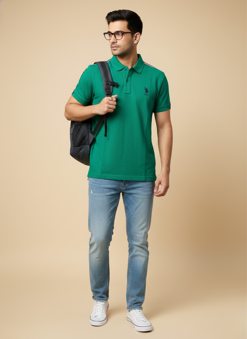 U.S. Polo Assn. Men’s Green Solid Polo T-Shirt with Shoulder Stripe Detail | Cotton Regular Fit