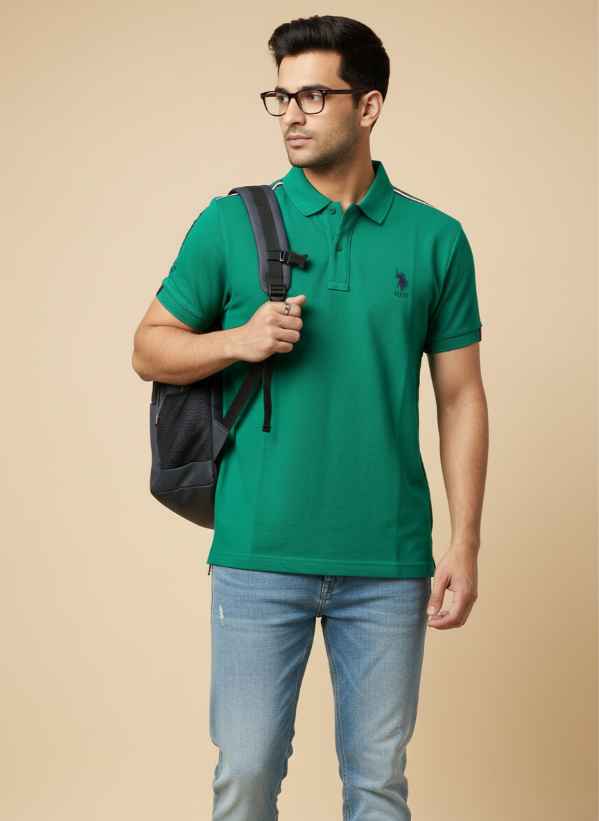 U.S. Polo Assn. Men’s Green Solid Polo T-Shirt with Shoulder Stripe Detail | Cotton Regular Fit