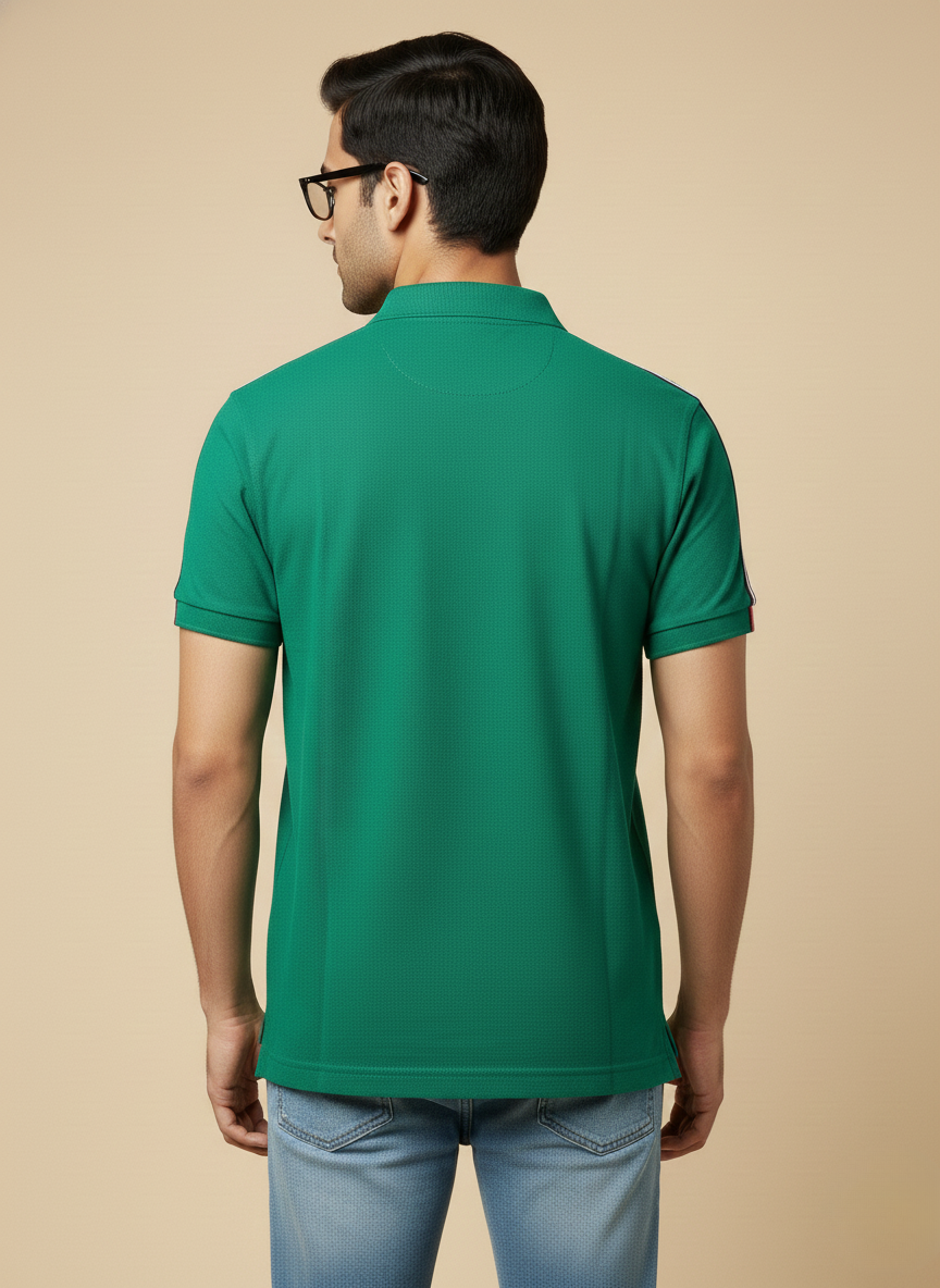 U.S. Polo Assn. Men’s Green Solid Polo T-Shirt with Shoulder Stripe Detail | Cotton Regular Fit