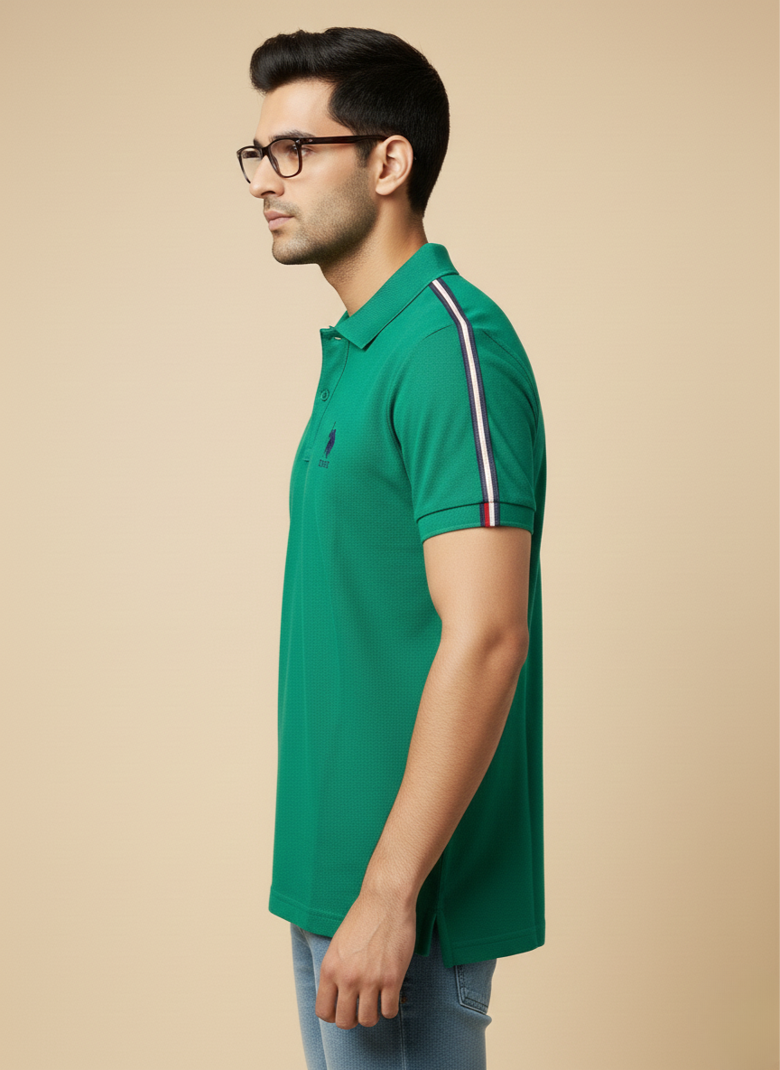 U.S. Polo Assn. Men’s Green Solid Polo T-Shirt with Shoulder Stripe Detail | Cotton Regular Fit