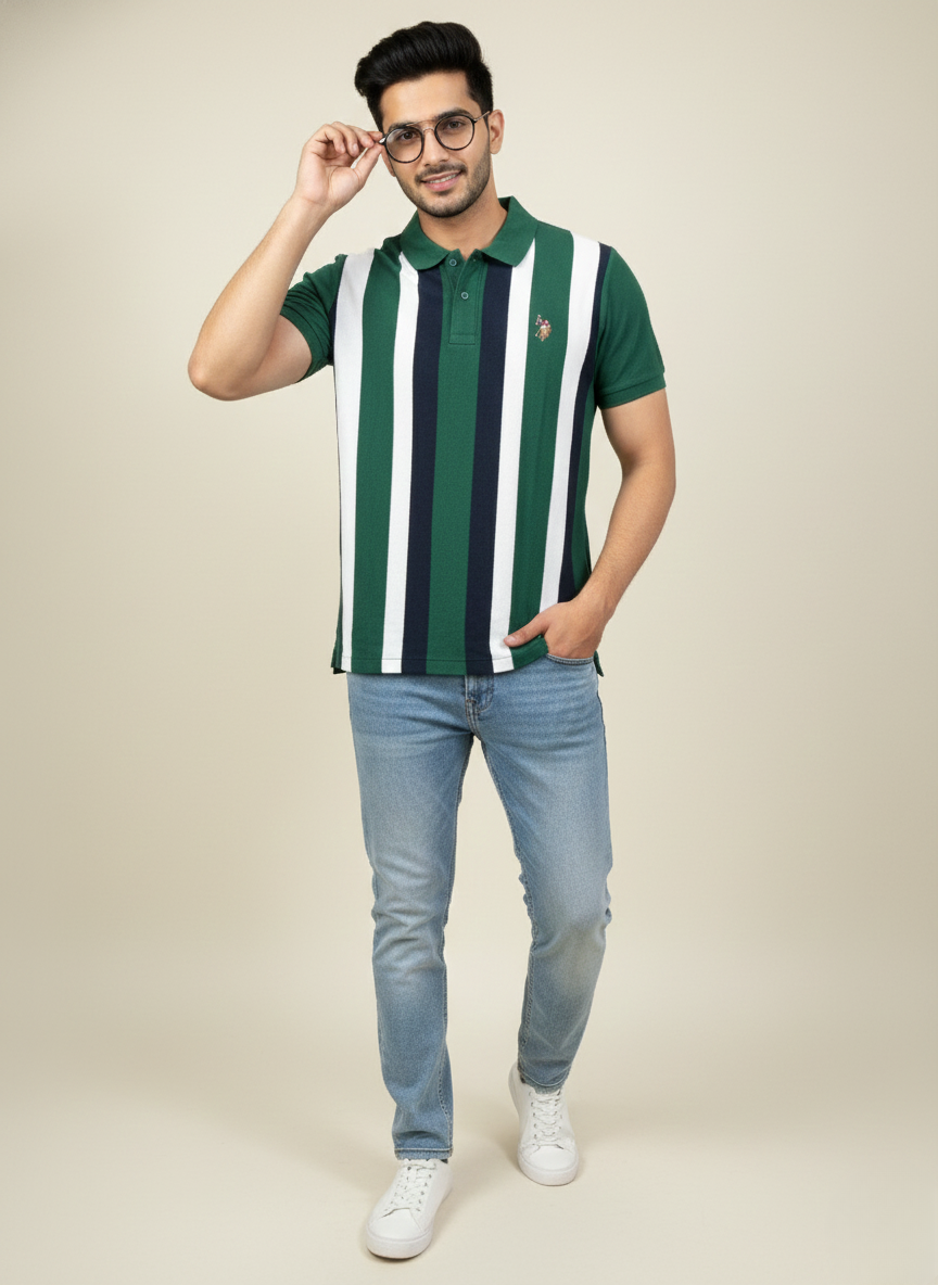 U.S. Polo Assn. Men’s Olive Green Vertical Stripe Polo T-Shirt | Cotton Regular Fit