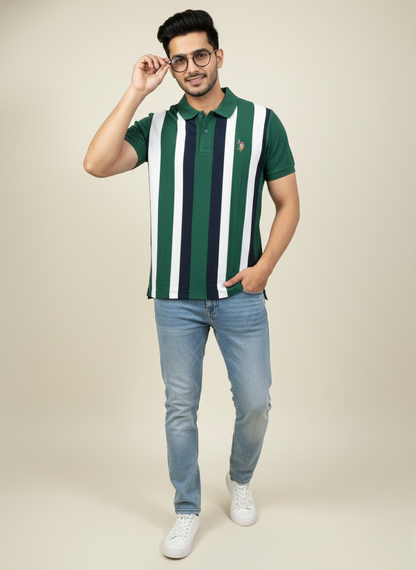 U.S. Polo Assn. Men’s Olive Green Vertical Stripe Polo T-Shirt | Cotton Regular Fit