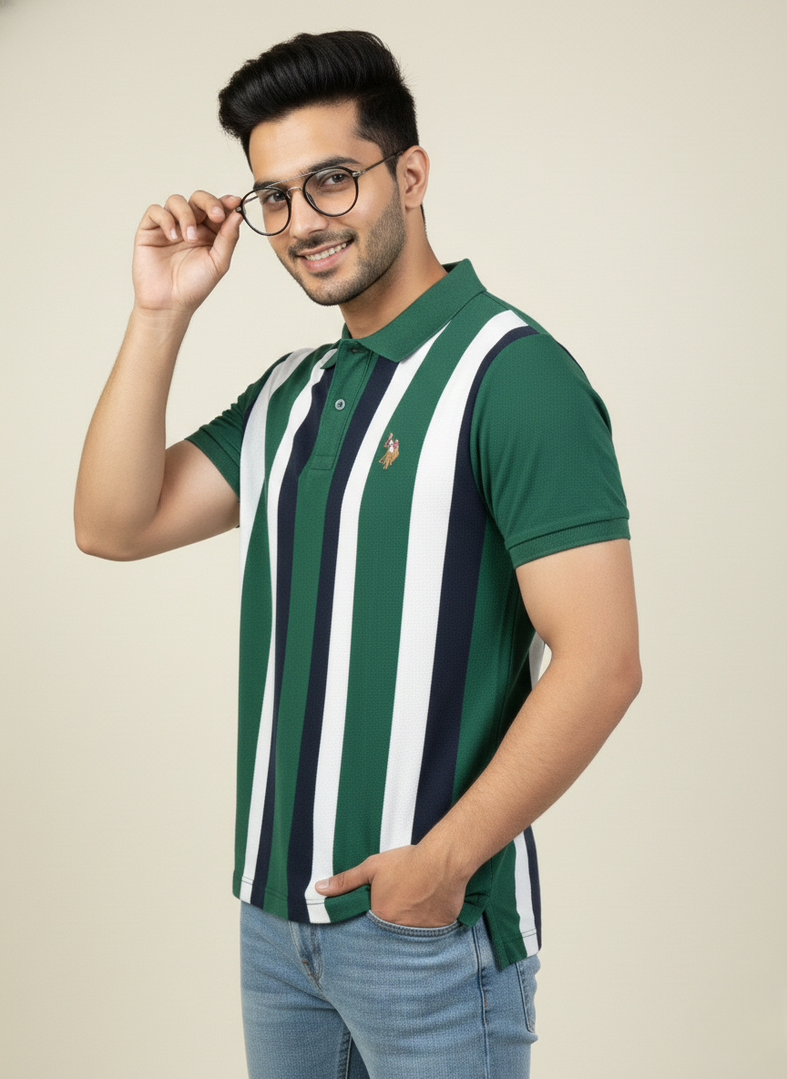 U.S. Polo Assn. Men’s Olive Green Vertical Stripe Polo T-Shirt | Cotton Regular Fit