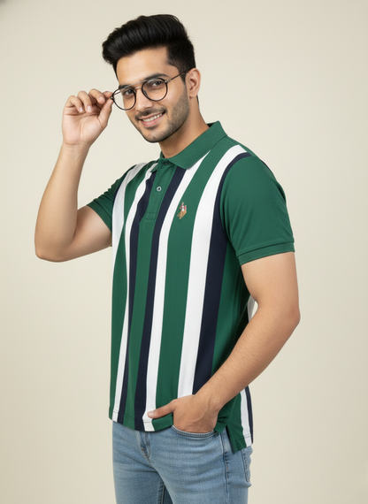 U.S. Polo Assn. Men’s Olive Green Vertical Stripe Polo T-Shirt | Cotton Regular Fit